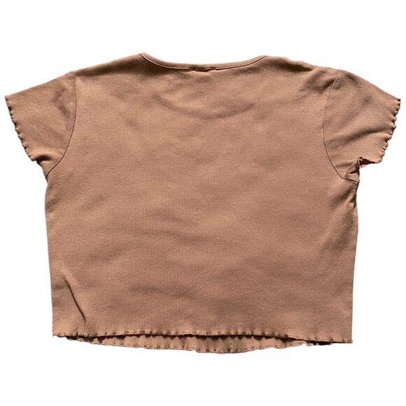Light Brown Cropped Baby Tee Lettuce Trim Rhinestone Babe Size L Ribbed Y2K - Picture 6 of 12